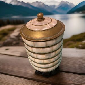 Vintage Brass Round Lidded Jar with Mother-of-Pearl Inlay
